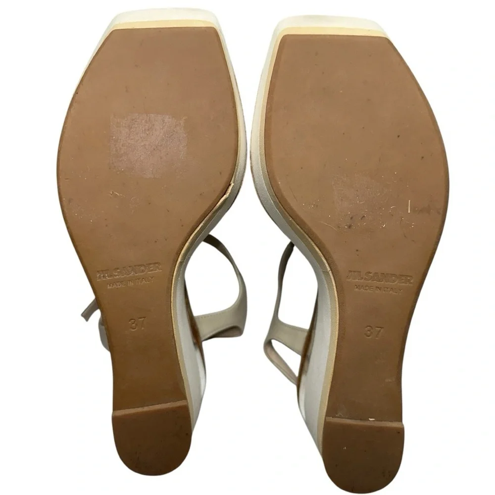 Jil Sander Women’s 37 7 White Tan Metallic Gold Roped T-Strap Platform Sandals